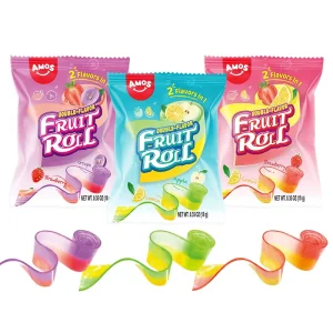 AMOS Double Flavor Fruit Roll Soft Candy 10g Halal Fruity Gummy Belt Snack Strawberry Lemon Apple Grape Jelly Sweets