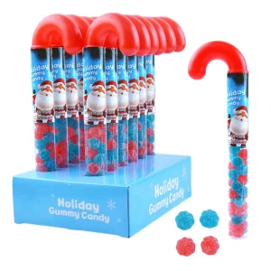 Amos 60g Festive Holiday Christmas Candy Cane Shape Container Sour Gummies with Cherry Blueberry Flavor