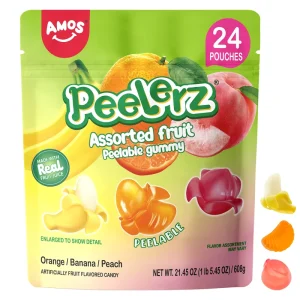 Amos Peelerz Sweets 608g 24 Individual Packs Banana Orange & White Peach Assorted Peelable Gummy