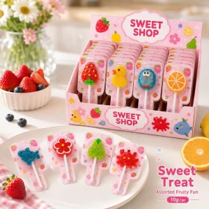 Assorted Shape Gummy Lollipop 10g Mixed Fruit Flavor Sugar Coated Soft Candy Display Box