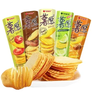 Baked Hard Salty Children’s Edible Puffed Food Ready to eat Snacks Potato Chips 104g Box OEM ODM