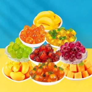 Bulk 4D Peeled Peach Grape Mango Fruit Shape Jelly Gummy Candy Filled Fruit Jam Peeled Gummy Jelly Candy