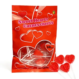 Candy Manufacturer Valentine’s Day Halal Fruity Flavored Hard Candy Sweet Love Heart Shaped Lollipops with Bag Packaging
