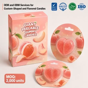 Candy Wholesaler and Manufacturer Giant Peelable Peach shaped Gummy Candies Individually Packaged BRC Halal Custom Packaging