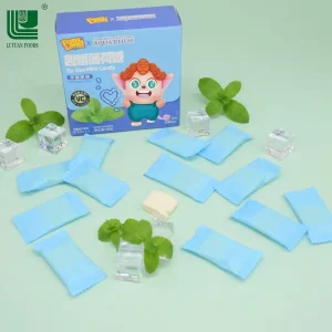 Chaoan Luyuan Bulk Candy Qu Jiao Fruity Multi Colored Tablet Candy Cartoon Printed OEM Custom Badges Box ISO22000