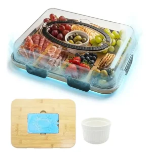 Cheese Tray Wood Chilled Charcuterie Board with Lid and Ice Pack Portable Bamboo Serving Tray with Handle for Picnic and Party