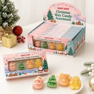 Christmas Wax Candy Assortment Gift Box 4 Pcs 40g Santa Reindeer Tree Shape Chewy Sweets