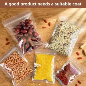 Clear Resealable Zip Top Three Side Sealed Food Storage Bags for Snack Dried Fruit Grain Cereal Packaging PETPE Material