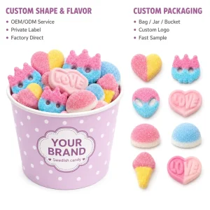Custom Bulk Swedish Candy Soft Chewy Fruit Gummy Candy Halal Gelatin Free Candy Factory Supply