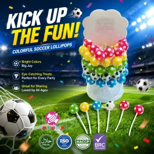 Custom Colorful Round Football Lollipop Display Shelf Packaging Fruit Flavor Soccer Ball Hard Candy for Kids Party