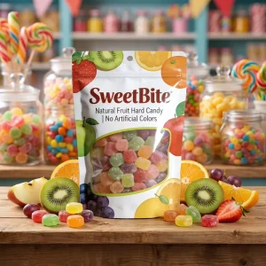 Custom Fruit Print Candy Stand up Pouch Clear Window Hang Hole Resealable Bag for Natural Hard Candy Retail