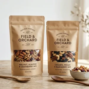 Custom Kraft Paper Stand up Pouch Food Grade Resealable Nut Snack Packaging Doypack Bag with Window and Zipper for Dry Fruit