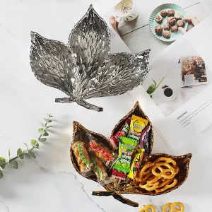 Custom Luxury Elegant Maple Leaf Style Golden Plate Divided Fruit Snack Serving Tray Creative Ceramic Dishes