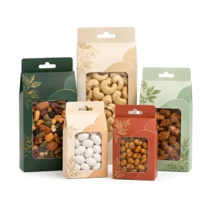 Custom New Design Dry Fruits Packaging Hanger Paper Packing Boxes with Window for Snacks Sugared Almonds Cashew Shop