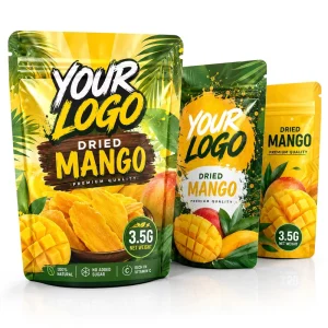 Custom Printed 3.5g Dried Mango Mylar Bag Three Pouch Set With Zipper Stand up Tropical Fruit Snack Packaging