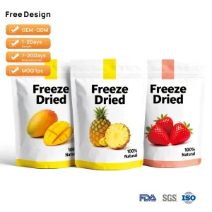 Custom Printed Biodegradable Stand up Pouch Freeze Dried Fruit Snacks Bags Mango Strawberry Banana High Barrier Aluminum Foil