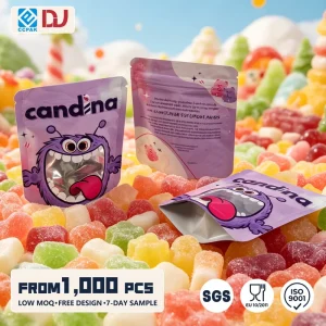 Custom Printed Cute Purple Monster Gummy Candy Snack Packaging Bag Stand up Zip Lock Bag With Clear Window Design