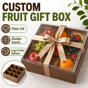 Custom Square Corrugated Cardboard Food Gift Box with Recyclable Material Clear Lid Divider and Ribbon