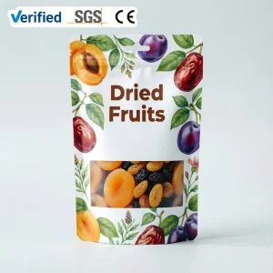 Custom Stand up Dried Fruit Pouches With Clear Window and Resealable Zipper Food Grade Plastic Bags for Dry Fruit Packaging