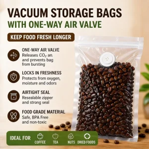 Custom Vacuum Coffee Bean Packaging Bag with One Way Degassing Valve Food Grade Resealable Zipper Pouch
