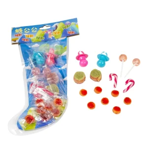 Customizable Christmas Candy Gift Pack Stocking Shaped Bag with Ring Pop Lollipop Sour Roll Gummies