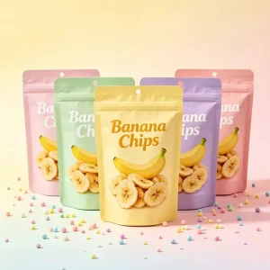 Customized Banana Slice Dried Fruit Packaging Bag with Tear Notch and Round Hole in PE Material Pretty Color Packaging Bag