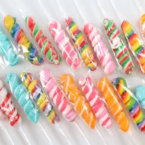 Customized Colorful rainbow Assorted Fruit Flavor Stick Shape Twist Sweet Hard Lollipop Candy
