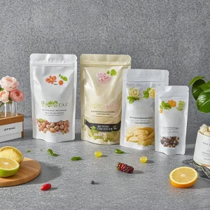 Customized Logo Printed Stand Pouches Food Grade PE Holographic Mylar Zipper Frosted Transparent Windows Smell Proof Dried Fruit
