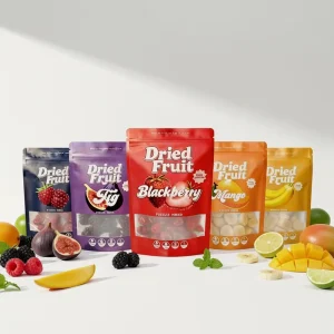 Dry Fruits Raspberry Peach Melon Mango Blackberry Fig Banana Strawberry Zipper Stand up Pouch Window