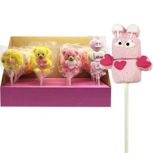 Factory Custom Fruit Flavor 45g Cartoon Bear and Heart Shape Soft Marshmallow Lollipops Candy Sweets for Valentine
