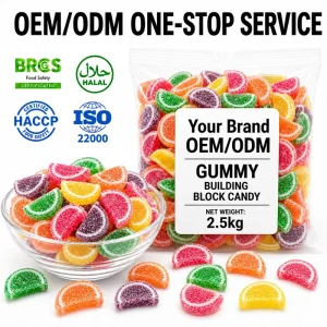 Factory Custom Halal Sour Fruit Fruit Slices Gummy Candy Bulk OEM Snack Confectionery Manufacturer
