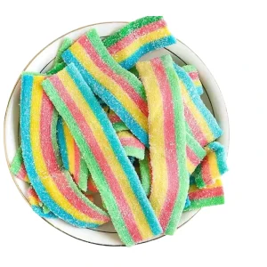 Factory Direct 1kg Bulk Chewy Gummy Sour Belt Candy Halal Fruity Sweet Sugar Blueberry Cartoon Pattern IMO Certified