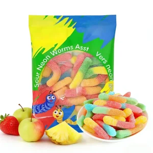 Factory Direct Bulk Free Samples Worm Shape Chewy Gummy Sugar Coating Fruit Flavored Soft Candy Sweets 125g