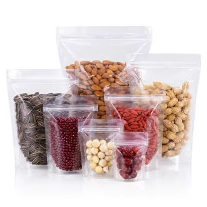 Full Sizes 9*13+3cm to 24*35+5cm High Clear Stand Up Zipper Bag Airtight Plastic Pouch for Dried Fruit Peanut Seed Packing