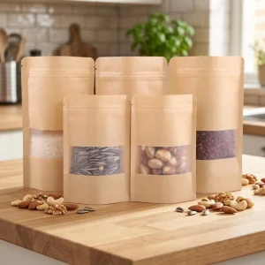 General Snack Dried Fruit Packaging Bag Kraft Paper Stand up Pouch Clear Window Ziplock Airtight Light Blocking Pouch