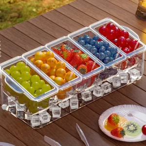 Kitchen Transparent 5 Grids Fruit Preservation Tray Condiment Storage Containers Divided Chilled Salad Box with Lid