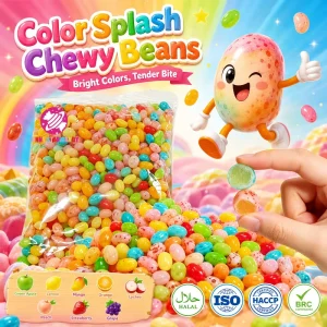 Manufacturer Halal Vegan Crispy Speckled Gummy Candy Beans Bulk OEM Fruity Rainbow Spotted Chewy Jelly Bean