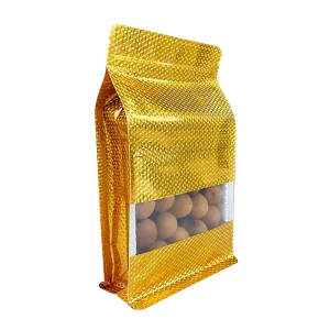 Metallic Gold Embossed Eight Side Seal Zipper Packaging Bag Transparent Window for Snack Dried Longan Nut Food