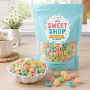 Mixed Shape Wax Candy 450g Resealable Pouch Multi Colored Assorted Mini Fruity Liquid Filled Chewy Sweets