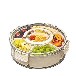 Modern Six Compartment Portable Kitchen Snack Box Rotating Fruit Plate Moisture Proof Seal Plastic Lid Sustainable Dried Fruit