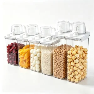 Multi Size Airtight Dry Food Dispenser with Measuring Cup Clear Kitchen Organizer for Coffee Beans Dried Fruit & Snack Storage