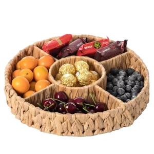 Nordic Natural Water Hyacinth Woven Divided Storage Basket 5 Compartment Snack Nut Dried Fruit Serving Tray Organizer