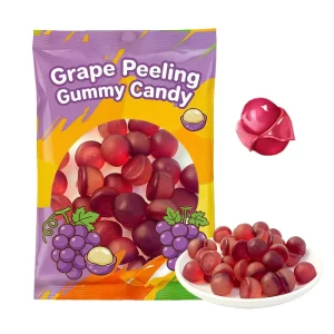 OEM Candy Custom Grape Mango Banana Lychee Shaped Peelable Gummy Candy Fruit Peeling Soft Sweets