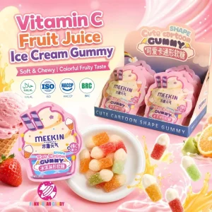 OEM Custom Ice Cream Shaped Gummy Candy Sweets Vitamin C Fruit Juice Sugar Coated Chewy Soft Candy for Kids