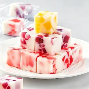 OEM Halal Probiotic Fruit Filled Soft Candy Mixed Flavor Yogurt Cube Gummies with Real Fruit Pulp Chewy Fruit Snacks