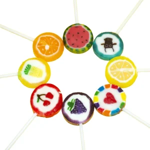 OEM ODM Factory Custom HALAL Fruit Slice Hard Candy Lollipop Multiple Fruit Flavor Short Stick for Supermarket