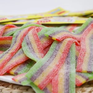 OEM ODM Rainbow Color Fruity Sweet Flavored Wormwood Chewy Halal Gummy Candy Belts Strips Piece