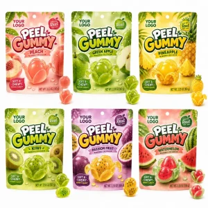 OEM Peelable Gummy Candy Passion Fruit Peach Pineapple Flavor Sweet and Sour Halal Soft Candy Bulk Factory Supply