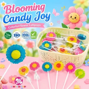 OEM Private Label Flower Lollipop Basket Packaging Colorful Fruit Flavored Sweets Hard Candy Kids Party