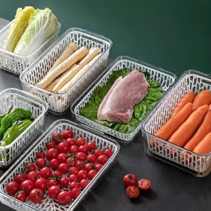 Plastic Refrigerator Sealing Fresh Keeping Divided Transparent Large Capacity Fruit Vegetable Draining Storage Container Lid Set